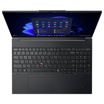 Ein schwarzer Laptop mit sichtbarer Tastatur und Bildschirm, der eine Betriebssystemoberfläche mit verschiedenen Anwendungssymbolen anzeigt.