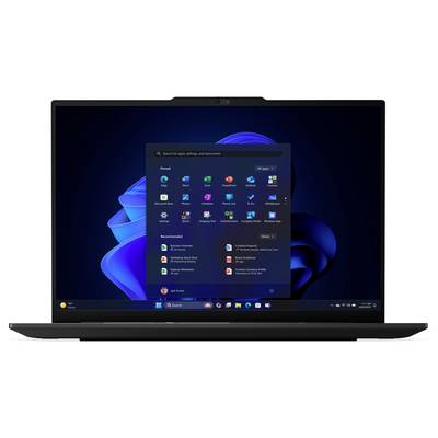 Ein Laptop-Bildschirm zeigt das Windows-11-Startmenü mit App-Symbolen und empfohlenen Dateien vor einem blauen abstrakten Hintergrund.