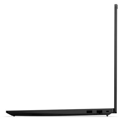Eine Seitenansicht eines geöffneten Laptops, die sein dünnes Profil und minimalistisches Design zeigt und seine schlanke, tragbare Form hervorhebt.