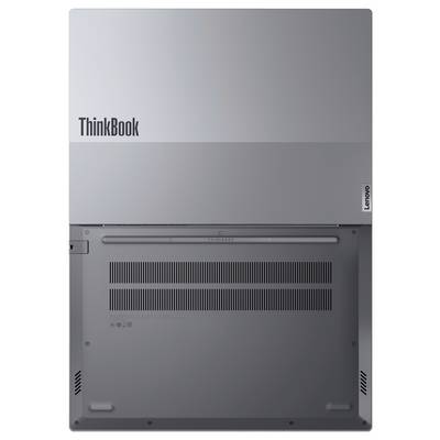 Unteransicht eines Lenovo ThinkBook Laptops mit den Logos "ThinkBook" und "Lenovo", Belüftungsgittern und Gumminoppen.