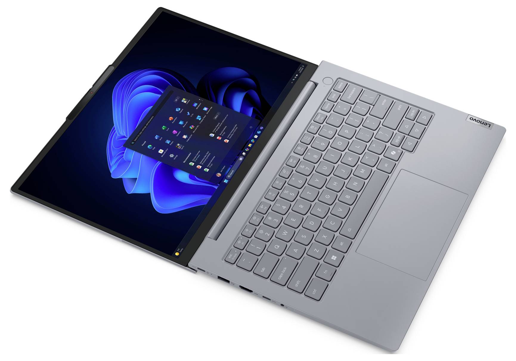 Convertibles Laptop, offen im Tablet-Modus angezeigt, mit dem Windows 11-Desktop auf einem blauen abstrakten Hintergrundbild mit der an den Touchscreen angebrachten Tastatur.