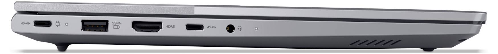 Seitenansicht eines silbernen Laptops, die seine linke Kante mit Anschlüssen, Lüftungsöffnungen und einem schlanken geschlossenen Profil zeigt.