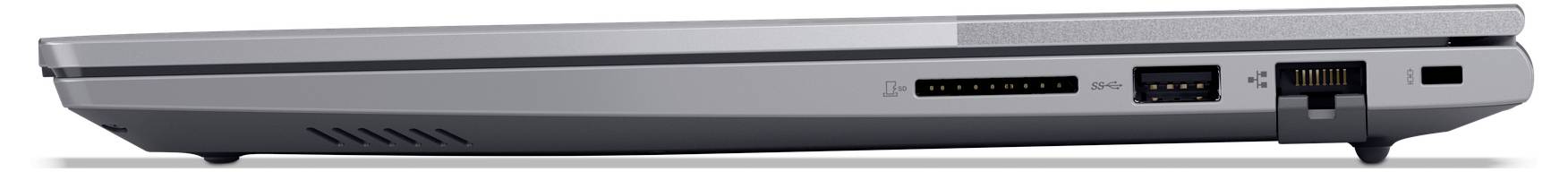 Seitenansicht eines silbernen Laptops mit Anschlüssen und Verbindungsstellen entlang der rechten Kante.