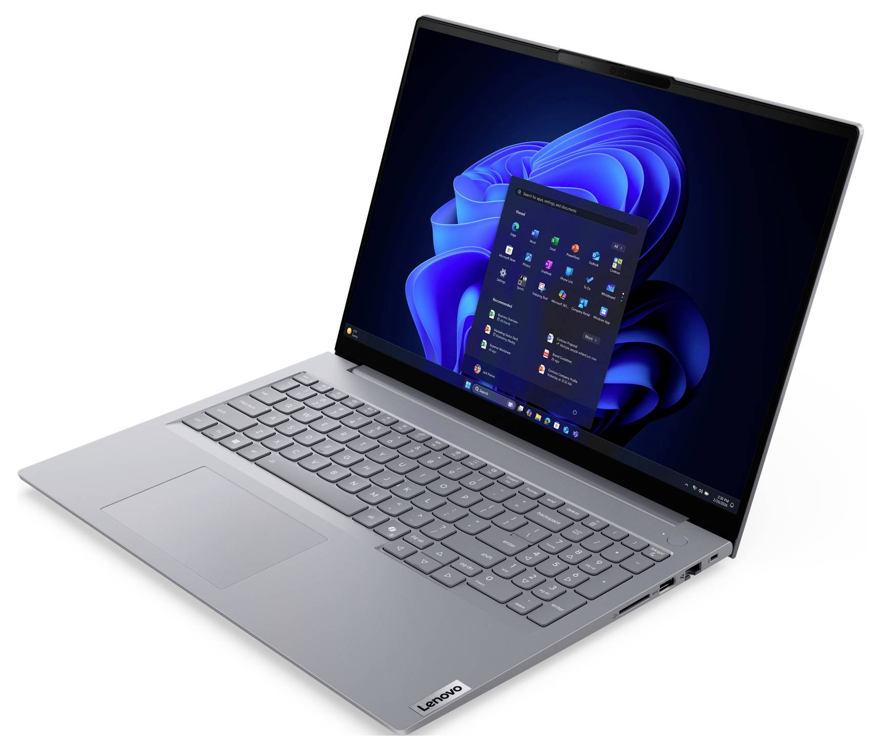 Ein eleganter, moderner silberner Laptop, der einen Windows-11-Desktopbildschirm mit geöffnetem Startmenü anzeigt, auf dem verschiedene Anwendungssymbole zu sehen sind.