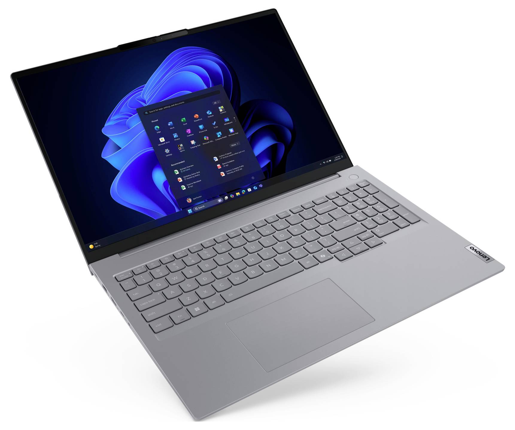 Ein silberner Laptop mit einem auf dem Bildschirm angezeigten Windows-11-Startbildschirm, der App-Symbole und eine Taskleiste zeigt, auf weißem Hintergrund.