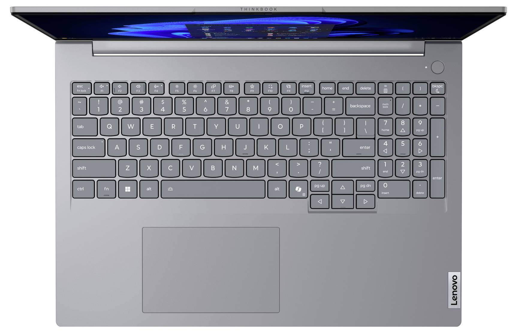 Draufsicht einer silbernen Laptop-Tastatur mit sichtbarem Bildschirm, der eine Desktop-Oberfläche anzeigt. Das Logo der Laptop-Marke befindet sich unten rechts.