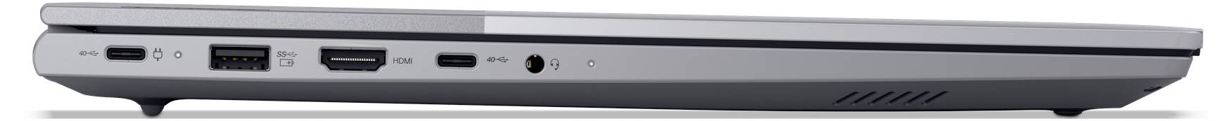 Silberner Laptop von der Seite, der mehrere Anschlüsse zeigt, darunter USB, HDMI und Audiobuchse.