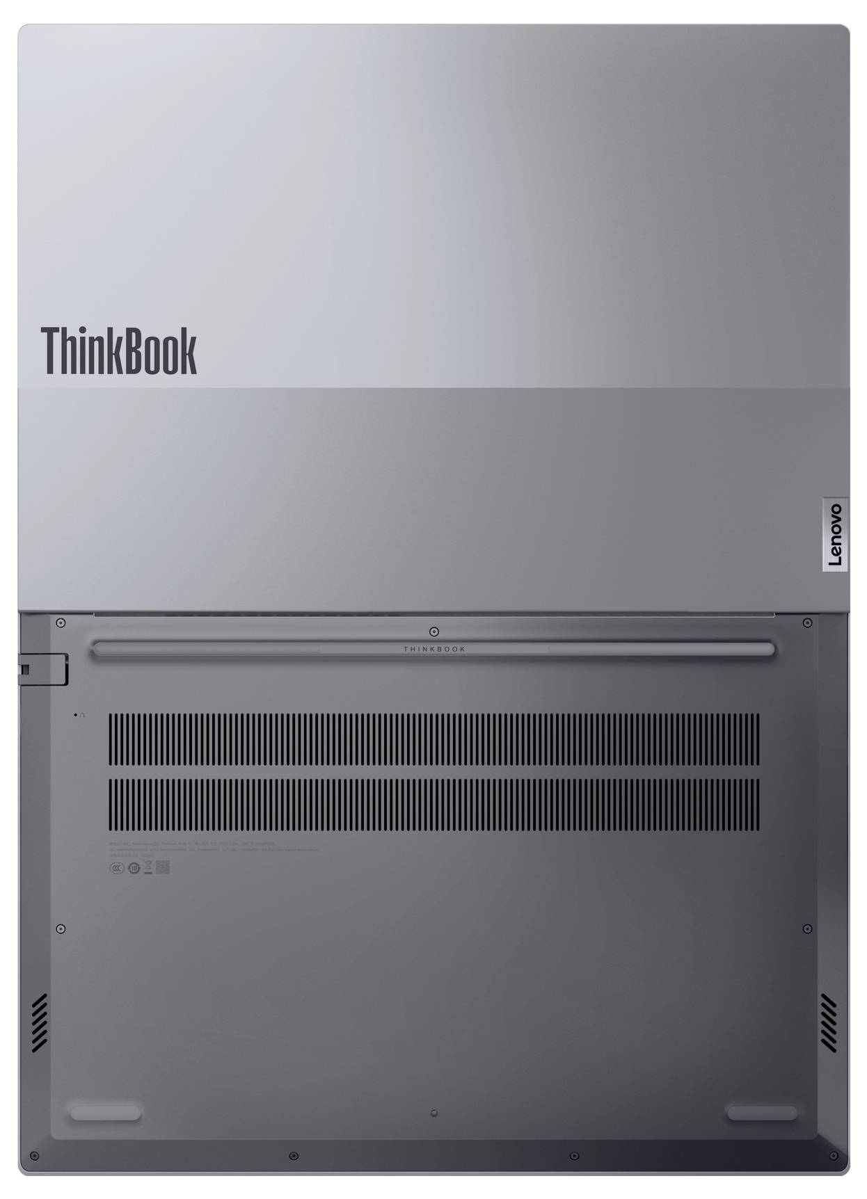 Die Unterseite eines Lenovo ThinkBook-Laptops mit Belüftungsschlitzen und der Beschriftung "ThinkBook" und "Lenovo".
