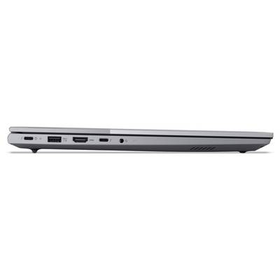 Seitenansicht der linken Kante eines Laptops mit Anschlüssen: Stromversorgung, Ethernet, USB, Audiobuchse und Belüftungsschlitze.