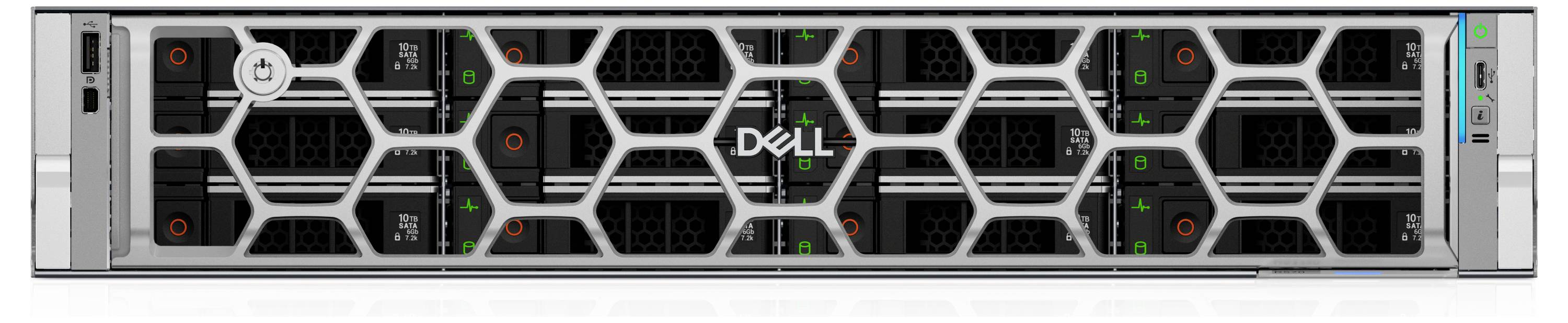 Vorderansicht eines Dell-Serverracks mit elegantem Metallgitter, mehreren Laufwerkschächten und dem Dell-Logo in der Mitte.