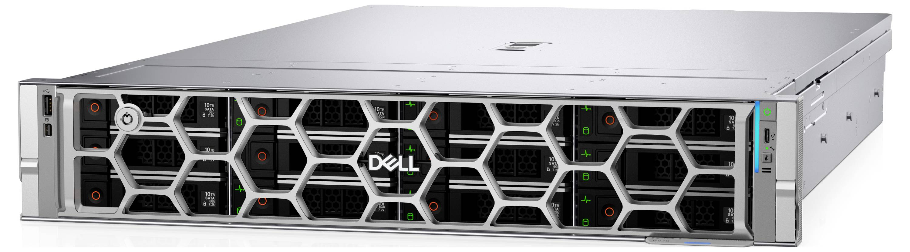 Dell PowerEdge Server mit einer metallischen vorderen Blende und LED-Indikatoren, entwickelt für die Verwendung im Rechenzentrum.
