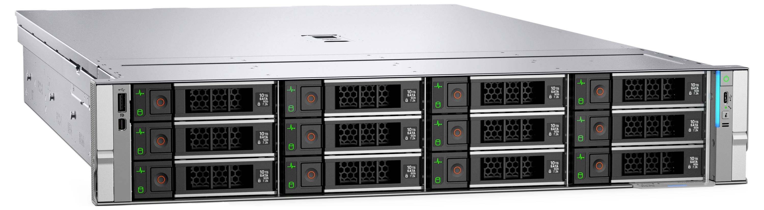 Ein silberner, rackmontierter Server mit sechzehn vorne angebrachten Festplattenschächten, ausgestattet mit Statusleuchten und einem Netzschalter auf der rechten Seite.