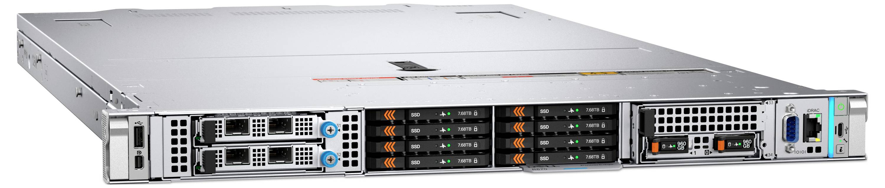 Ein schwarzer Dell-Server mit einer wabengemusterten Frontplatte und dem Dell-Logo in der Mitte, was auf eine hochmoderne Speicherkapazität hindeutet.