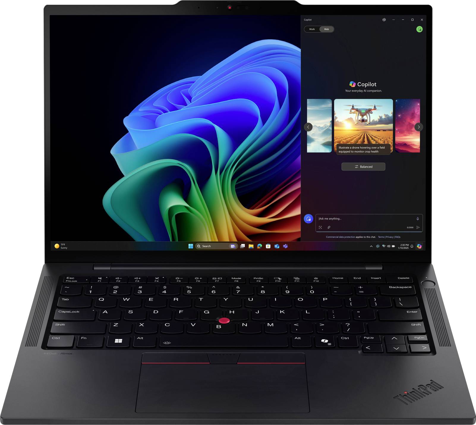 Ein Laptop mit lebhaftem, farbenfrohem Bildschirm mit digitaler Regenbogenspirale. Das Display zeigt eine App mit dem Titel „Copilot" mit Bildern.