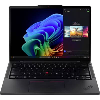 Ein Laptop mit lebhaftem, farbenfrohem Bildschirm mit digitaler Regenbogenspirale. Das Display zeigt eine App mit dem Titel „Copilot" mit Bildern.