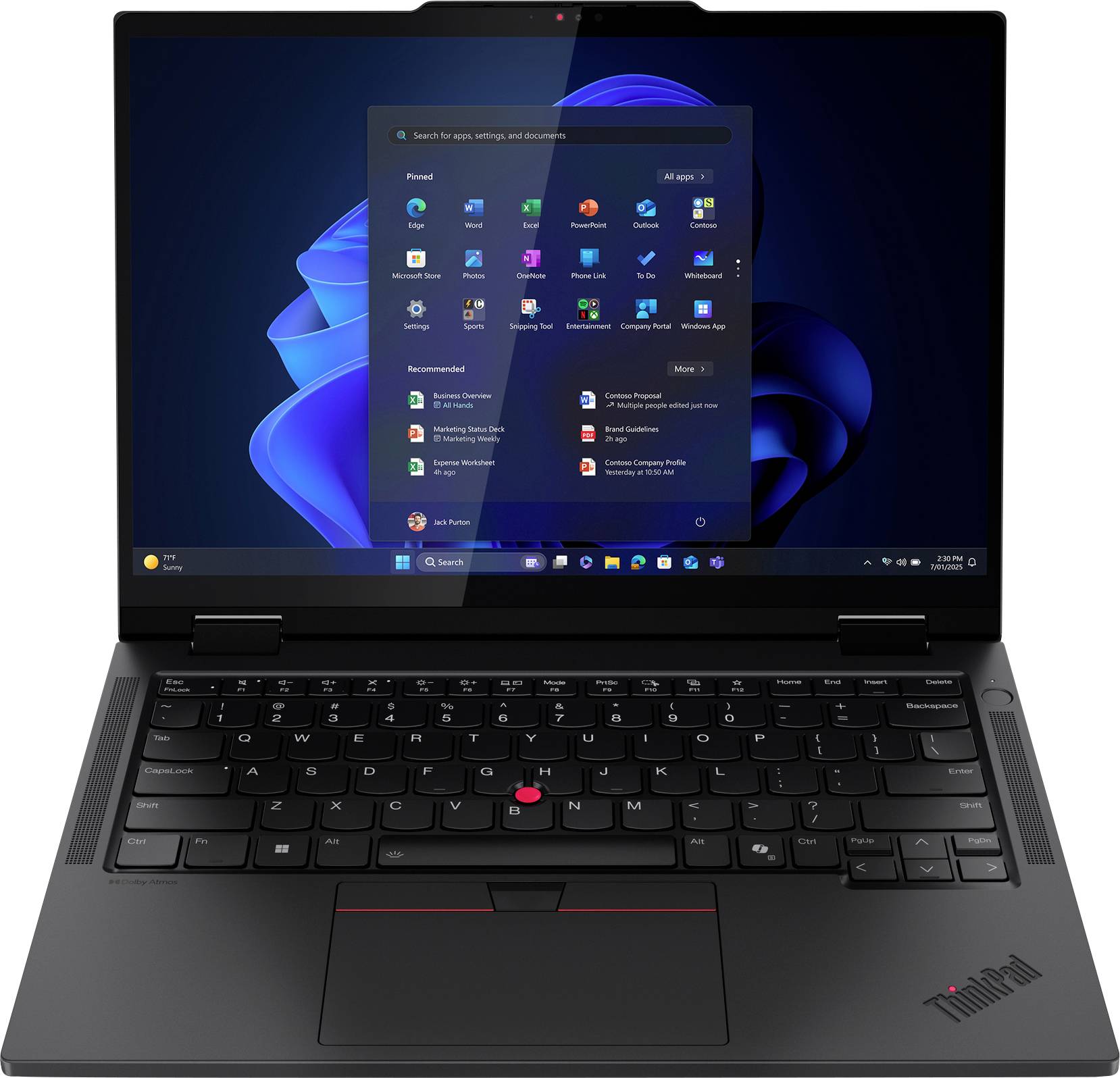 Ein schwarzer Laptop mit einem Windows-Desktopbildschirm, auf dem mehrere Anwendungssymbole angezeigt werden. Das Gerät hat einen roten Trackpoint auf der Tastatur.