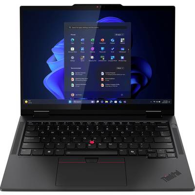 Ein schwarzer Laptop mit einem Windows-Desktopbildschirm, auf dem mehrere Anwendungssymbole angezeigt werden. Das Gerät hat einen roten Trackpoint auf der Tastatur.