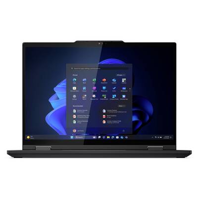 Ein Laptop zeigt das Windows 11-Startmenü mit verschiedenen Symbolen gegen einen dunklen, blauen Hintergrund auf dem Bildschirm an.