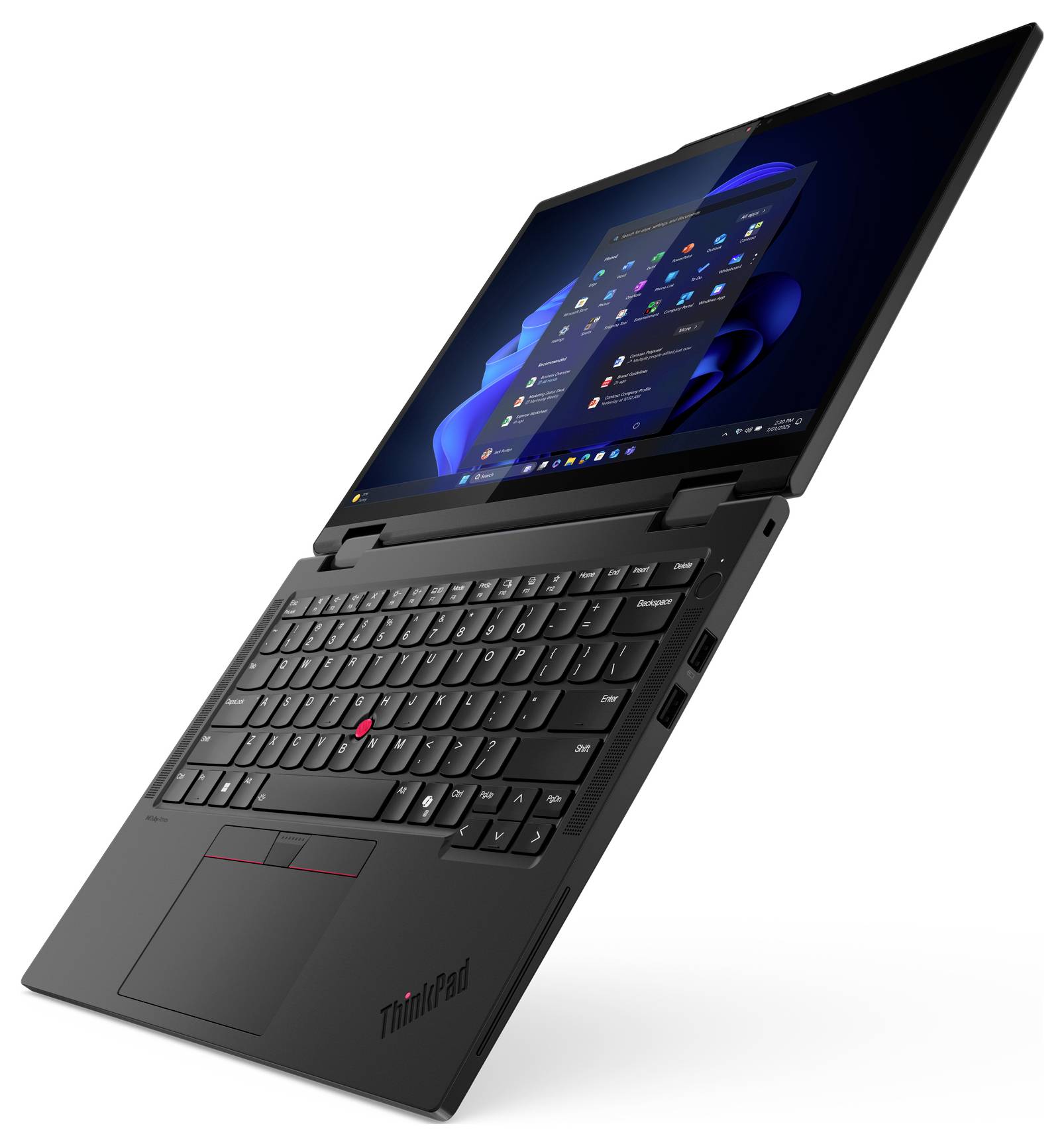 Ein schwarzer Laptop mit sichtbarer Tastatur und Bildschirm, auf dem eine Desktop-Oberfläche mit Symbolen und einer Taskleiste angezeigt wird.