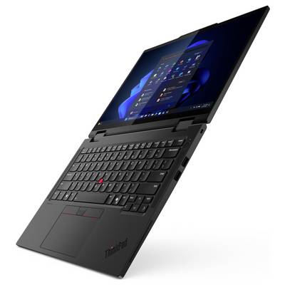 Ein schwarzer Laptop mit sichtbarer Tastatur und Bildschirm, auf dem eine Desktop-Oberfläche mit Symbolen und einer Taskleiste angezeigt wird.