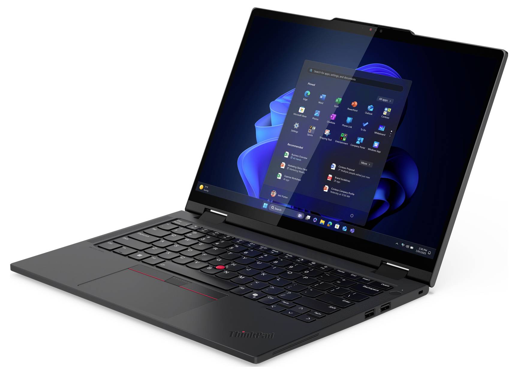Ein Laptop mit schwarzer Tastatur und teilweise geöffnetem Bildschirm, auf dem eine Desktop-Oberfläche mit verschiedenen App-Symbolen und blauem Hintergrundbild angezeigt wird.
