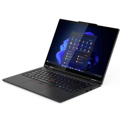 Ein Laptop mit schwarzer Tastatur und teilweise geöffnetem Bildschirm, auf dem eine Desktop-Oberfläche mit verschiedenen App-Symbolen und blauem Hintergrundbild angezeigt wird.