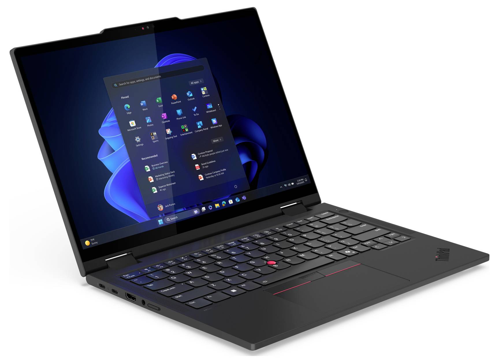 Ein eleganter schwarzer Laptop mit sichtbarem Startmenü auf dem Bildschirm, leicht geöffnet angewinkelt, wobei die Tastatur und ein Teil der Bildschirmoberfläche zu sehen sind.