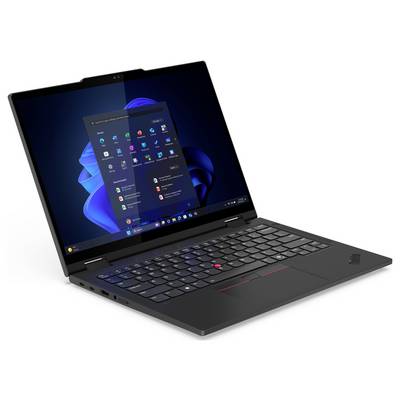 Ein eleganter schwarzer Laptop mit sichtbarem Startmenü auf dem Bildschirm, leicht geöffnet angewinkelt, wobei die Tastatur und ein Teil der Bildschirmoberfläche zu sehen sind.
