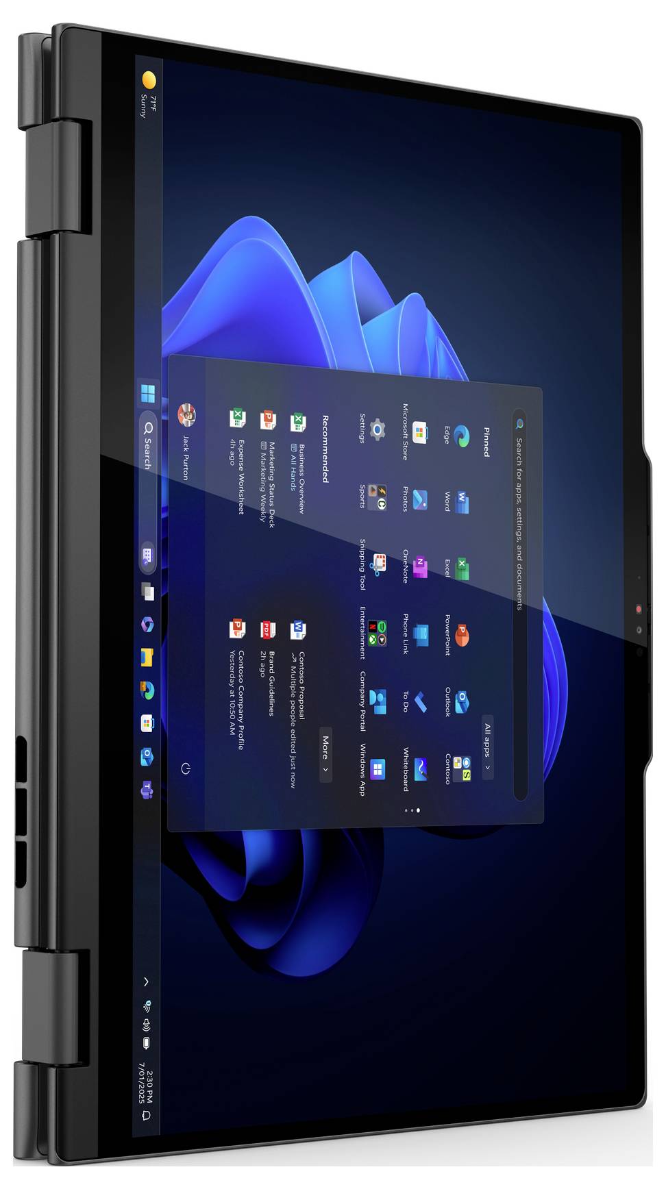 Ein Convertible-Laptop wird angezeigt, dessen Bildschirm einen blauen abstrakten Hintergrund und ein Startmenü mit verschiedenen Anwendungssymbolen zeigt.