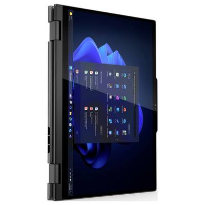 Ein Convertible-Laptop wird angezeigt, dessen Bildschirm einen blauen abstrakten Hintergrund und ein Startmenü mit verschiedenen Anwendungssymbolen zeigt.