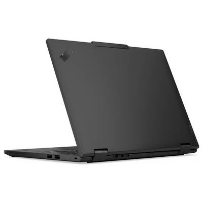 Ein schwarzer Laptop, von hinten betrachtet, mit teilweise geöffnetem Deckel, der die Scharniere sichtbar macht. Der Laptop hat ein minimalistisches Design.