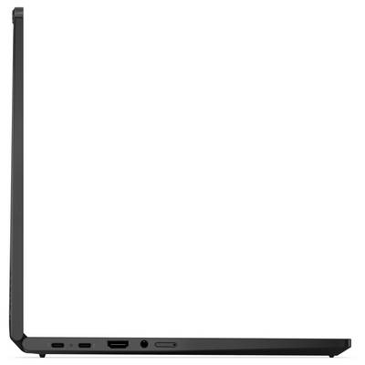 Seitenansicht eines offenen, eleganten schwarzen Laptops mit schlankem Design und Anschlüssen, das sein modernes und minimalistisches Aussehen hervorhebt.