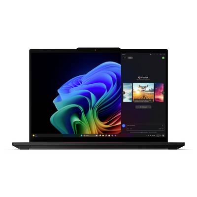 Ein Laptop-Bildschirm zeigt eine lebendige abstrakte Tapete an, wobei sich auf der rechten Seite eine Softwareschnittstelle mit Bildern und einem Befehlseingabefeld befindet.