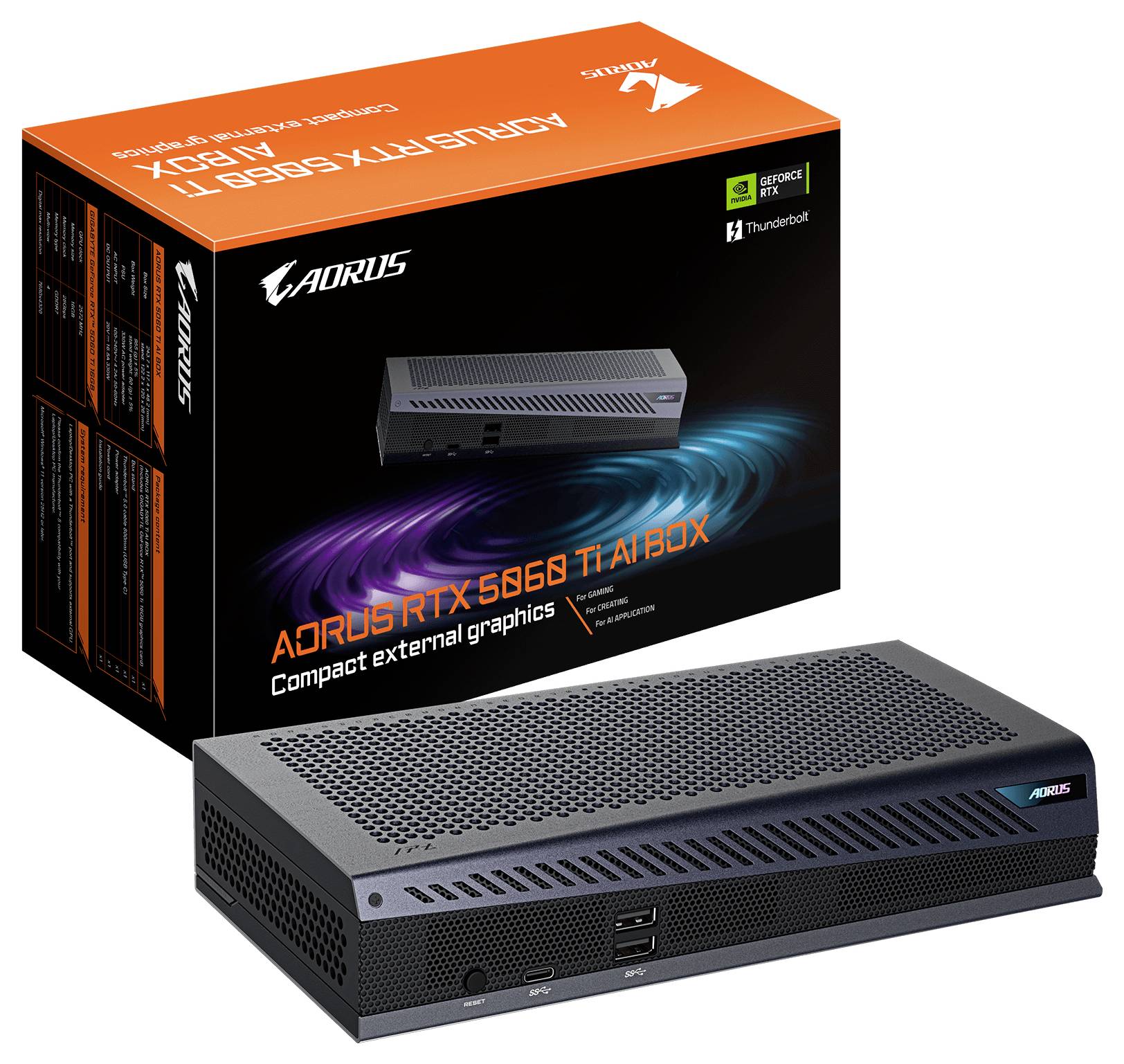 'AORUS RTX 3080 Ti Ai Box: Kompakte externe Grafikeinheit mit Thunderbolt-3-Konnektivität, NVIDIA-RTX-Technologie.'
