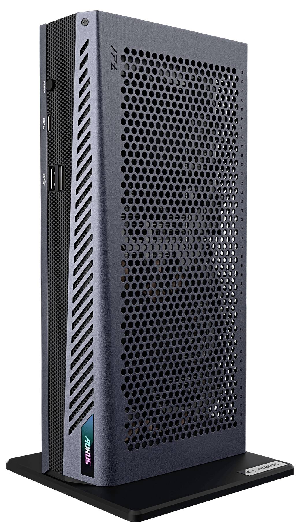 'Hohes, schlankes schwarzes Computergehäuse mit perforiertem Belüftungspanel auf einem Ständer, mit USB-Anschluss und Stromschalter an der Seite.'