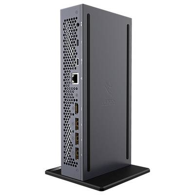 Aorus kompakter Gaming-Desktop mit Lüftungsöffnungen auf einer Seite und mehreren Anschlüssen, einschließlich USB und Ethernet, aufrecht auf einem Ständer angezeigt.