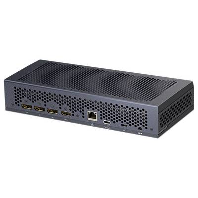 „Rückansicht eines schwarzen Geräts mit vier HDMI-Anschlüssen, Ethernet-Anschluss, USB-C-Anschluss und Stromversorgungsanschluss. Die Oberfläche verfügt über eine gelochte Belüftung."