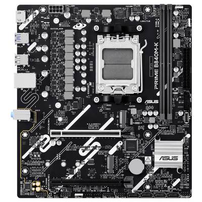 ASUS PRIME B640M-K Motherboard mit PCIe-Steckplätzen, RAM-Steckplätzen und Anschlüssen für Konnektivität und Komponenten. Schwarz mit silbernen Akzenten.