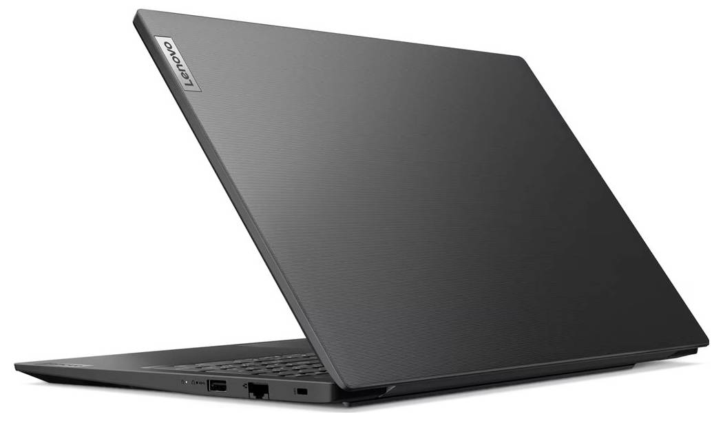 Seitenansicht eines geschlossenen schwarzen Laptops mit schlankem Profil, leicht geöffnetem Bildschirm und auf der rechten Seite sichtbaren Anschlüssen.