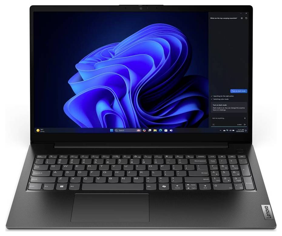 Ein Lenovo-Laptop zeigt den Windows 11-Desktop mit einer blauen abstrakten Wirbeltapete und einer dunklen Chat-Seitenleiste auf der rechten Seite.