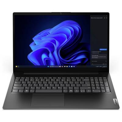 Ein Lenovo-Laptop zeigt den Windows 11-Desktop mit einer blauen abstrakten Wirbeltapete und einer dunklen Chat-Seitenleiste auf der rechten Seite.