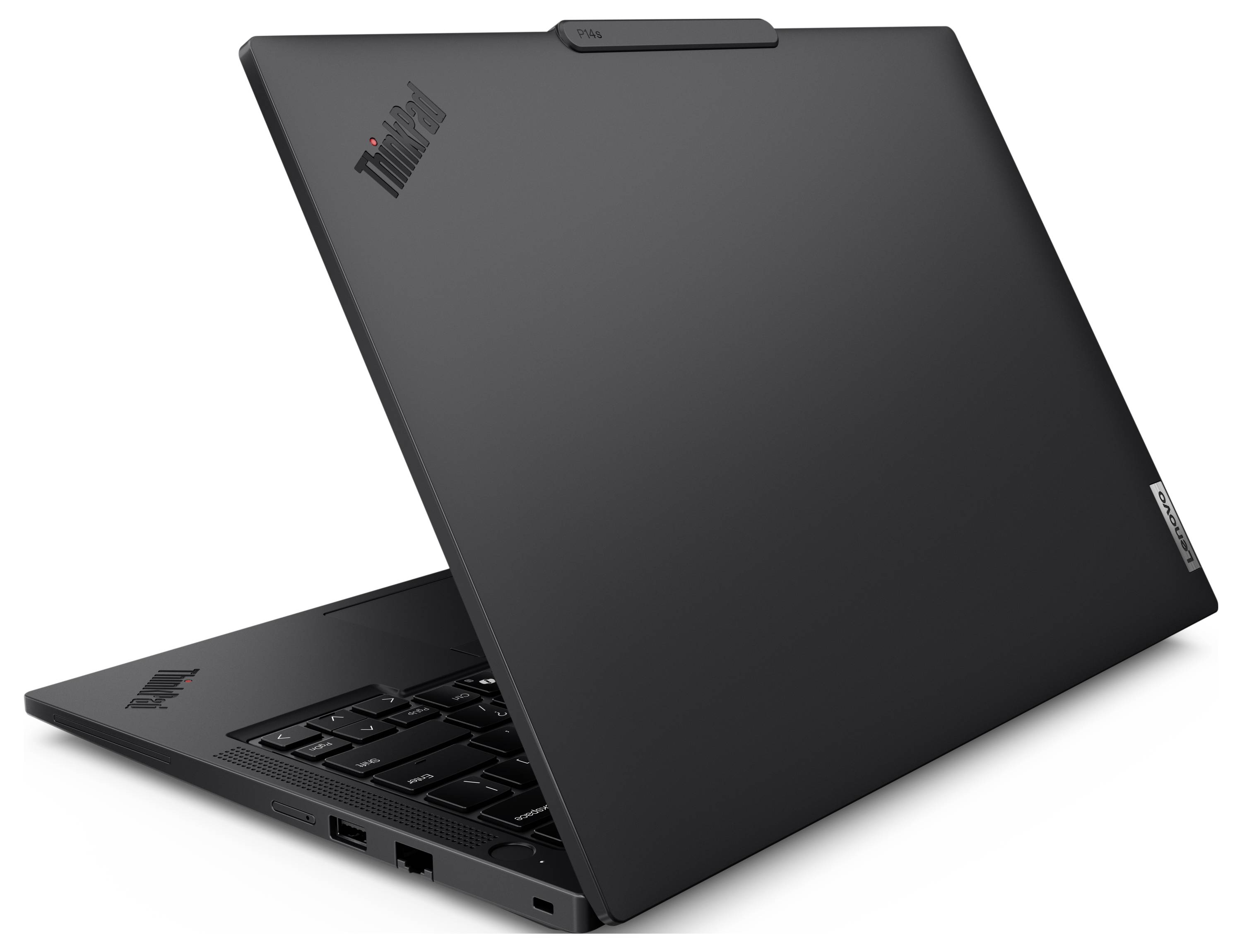 Ein schlanker schwarzer Laptop mit dem ThinkPad-Logo, teilweise geöffnet, zeigt Anschlüsse an der Seite und eine matte Oberfläche.