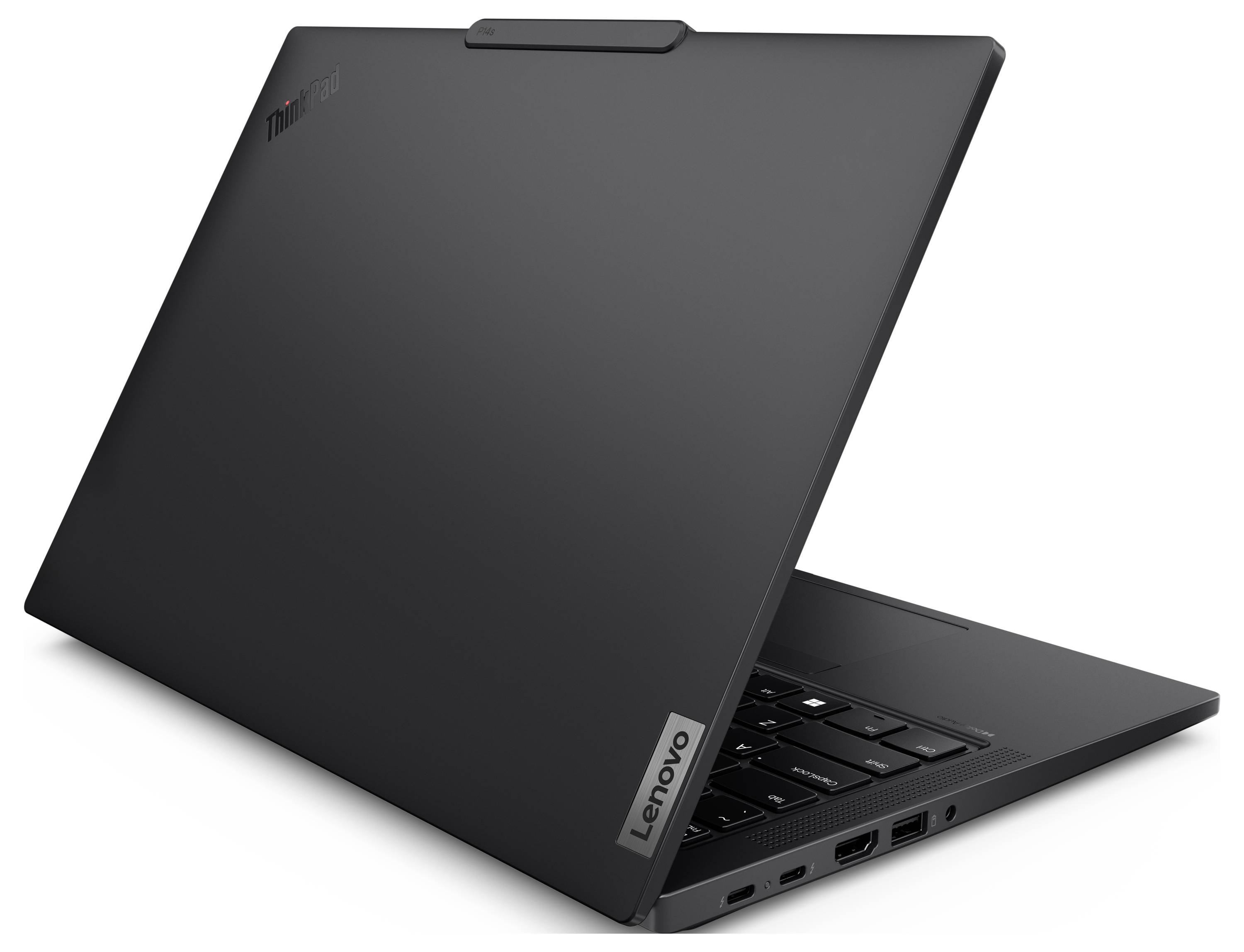 Ein schlanker, offener schwarzer Laptop in schräger Position, auf dessen Deckel die Lenovo- und ThinkPad-Logos angezeigt werden.