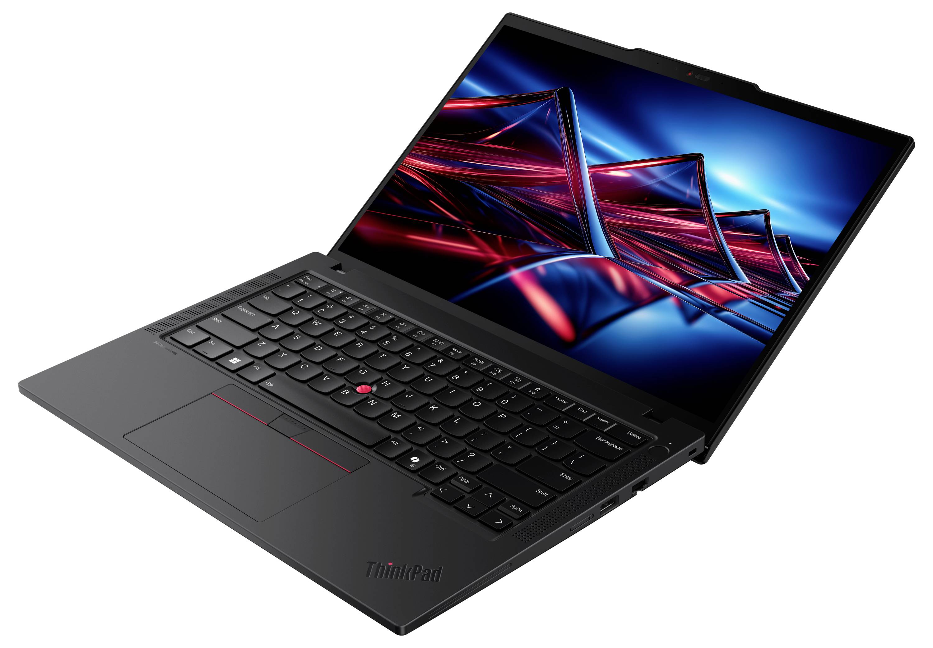 Ein eleganter schwarzer Laptop mit geöffnetem Bildschirm, auf dem lebendige rote und blaue geometrische Muster angezeigt werden, mit einer Tastatur mit Touchpad und einem roten Zeigerstab.