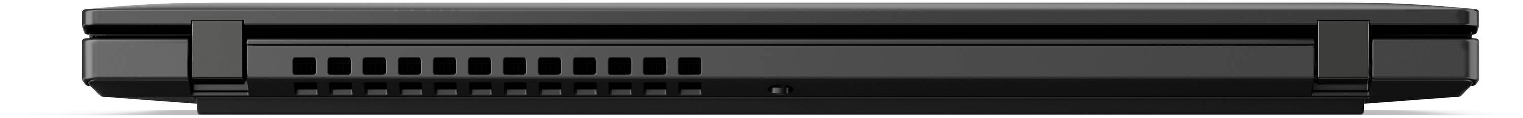 Geschlossener schwarzer Laptop von hinten betrachtet, mit sichtbarem Lüftungsgitter für Luftstrom.