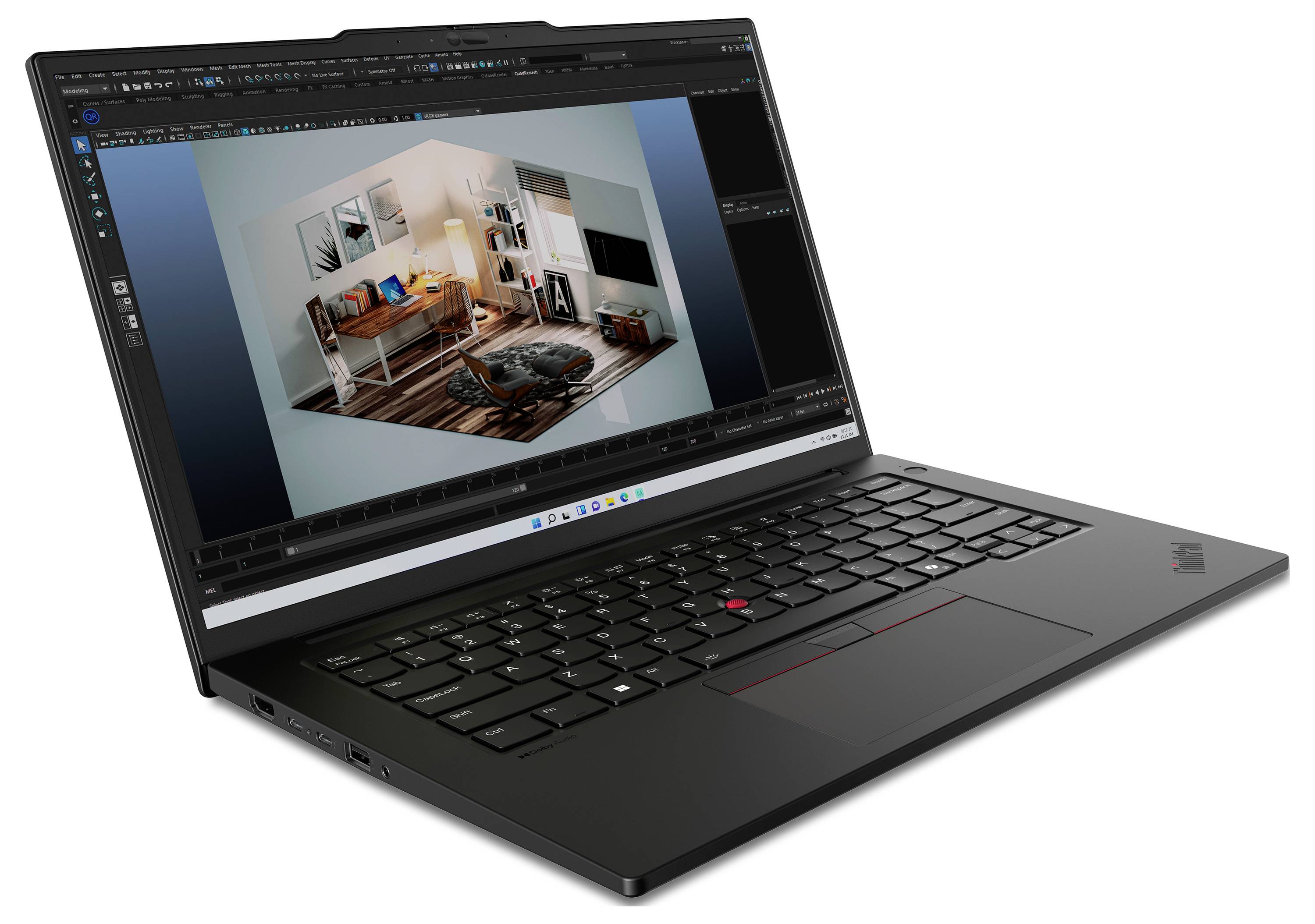 Ein schwarzer Laptop zeigt ein 3D-Rendering eines modernen Wohnzimmers mit einem Sofa, Pflanzen und einem großen Fernsehbildschirm.