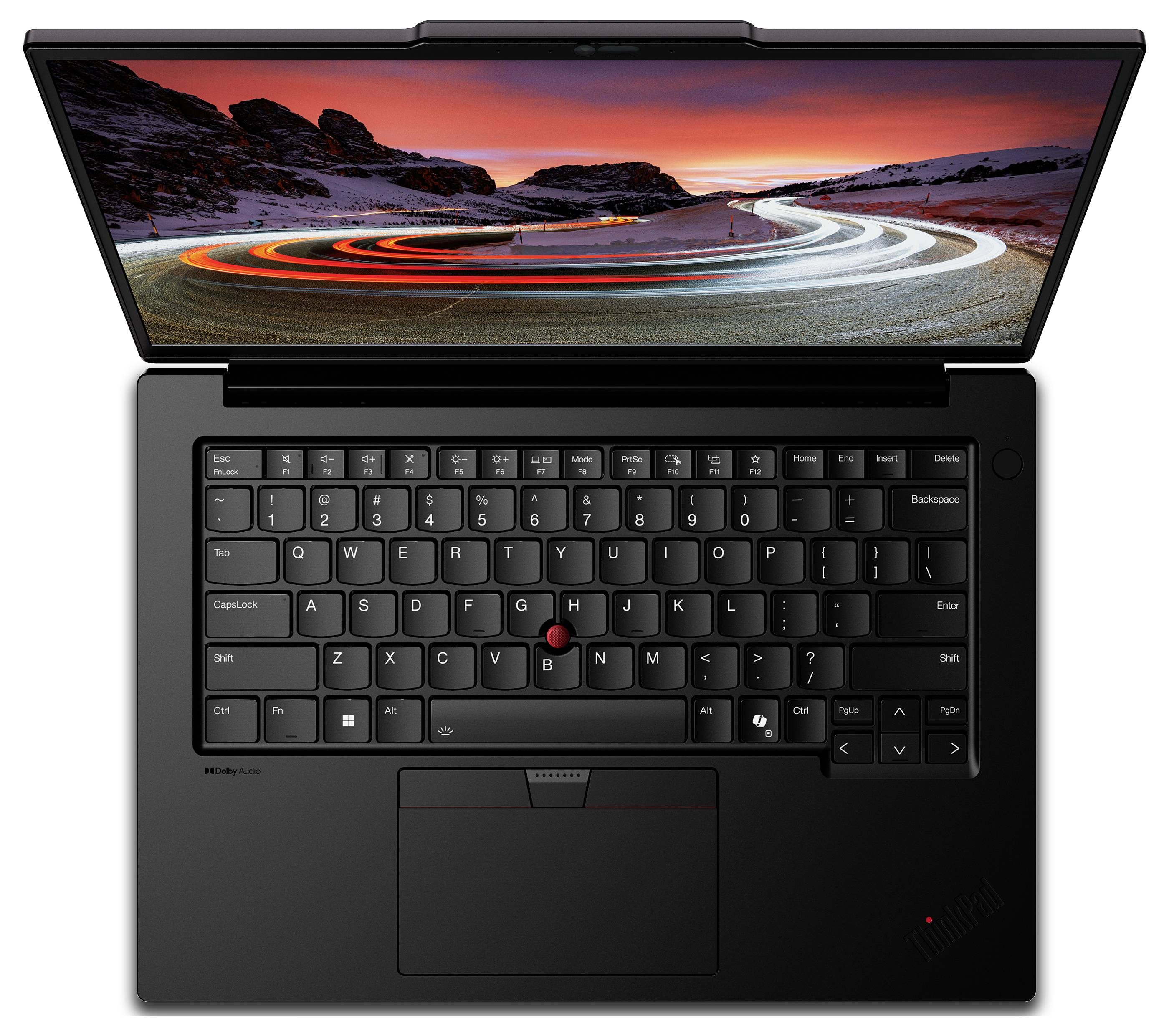 Ein Laptop mit leuchtender Anzeige zeigt ein lebendiges Bild von bunten, wirbelnden Lichtern vor einer bergigen Kulisse an. Die Tastatur ist sichtbar.