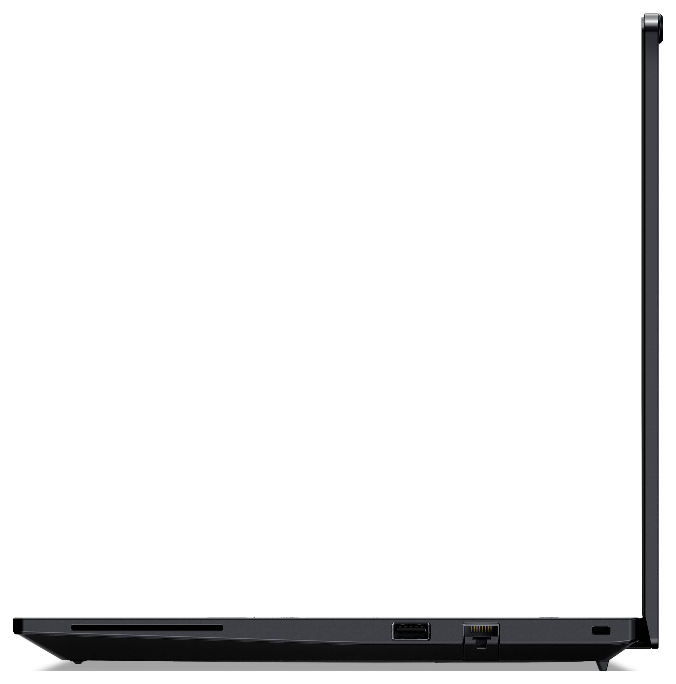 Ein dünner Laptop von der Seite gezeigt, vollständig geöffnet in einem 90-Grad-Winkel, der seine minimale Dicke und die Verfügbarkeit von Anschlüssen hervorhebt.
