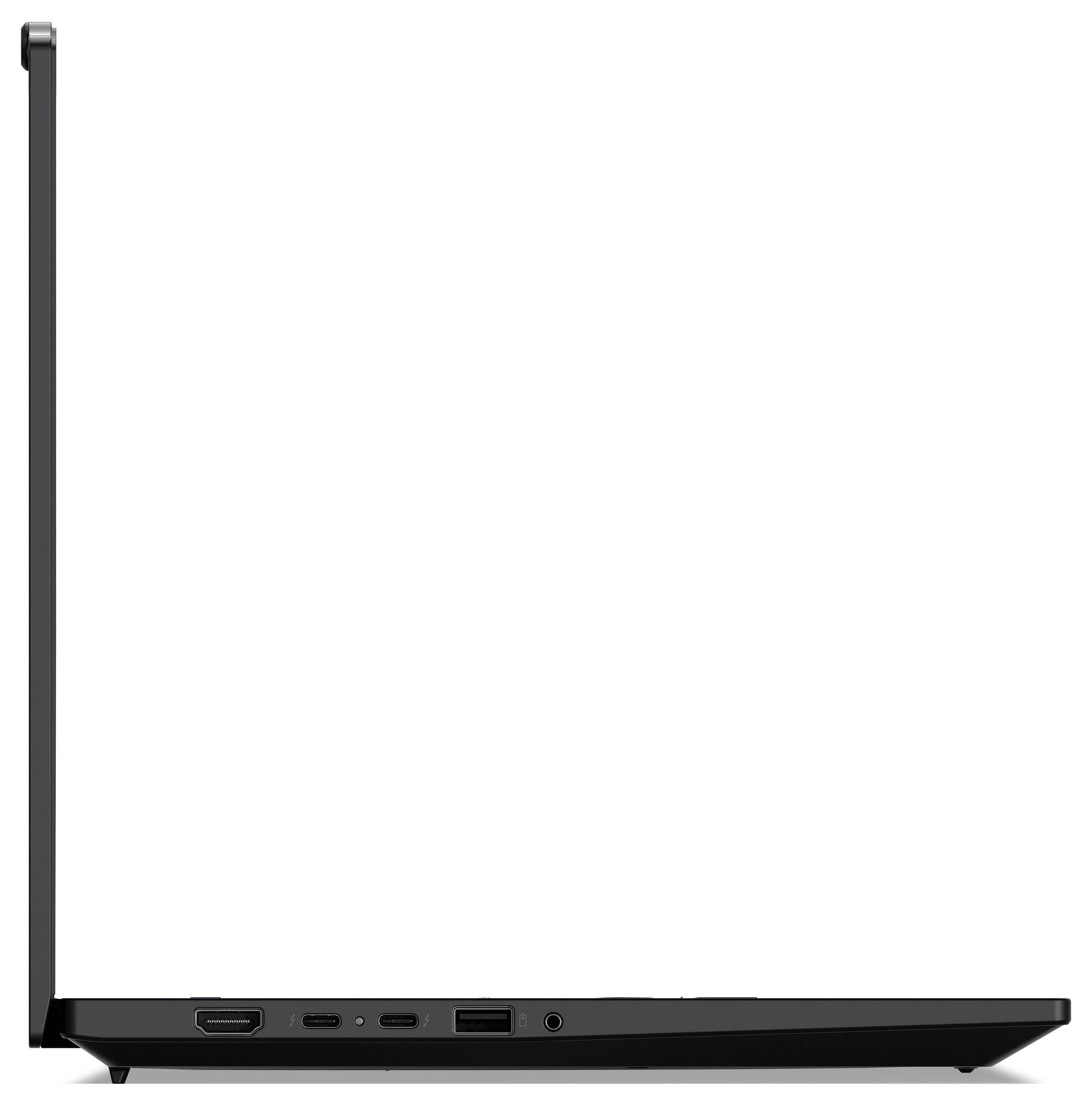 Eine Seitenansicht eines geöffneten Laptops, die sein dünnes Profil und verschiedene Anschlüsse zeigt, darunter HDMI, USB und eine Kopfhörerbuchse.