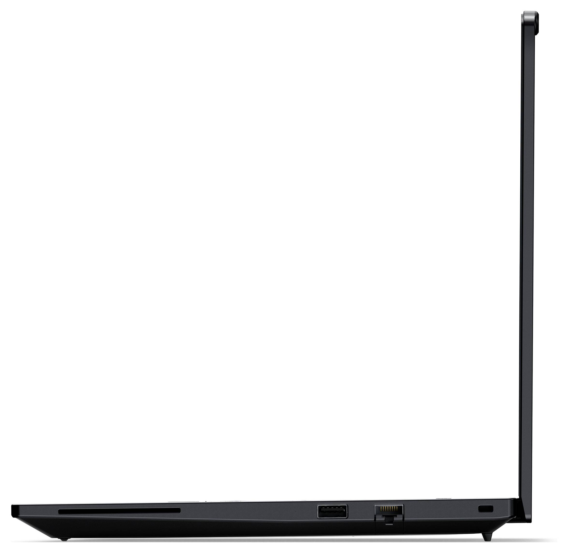 Seitenansicht eines dünnen, schwarzen Laptops, der teilweise geöffnet ist und einen USB-Anschluss und eine Ethernet-Buchse an der Seite zeigt.
